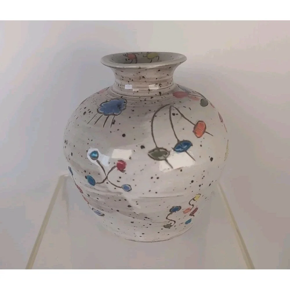 Glazed Handmade Pot/Vase Colorful Design Signed & Dated Contemporary, Cute Bugs?